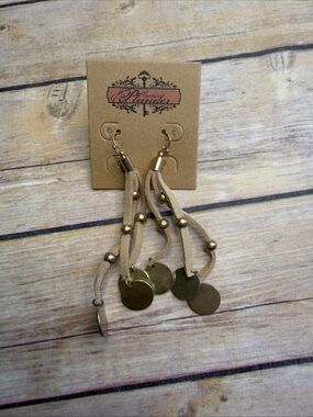 Plunder Beige Tassel Earrings with Gold Discs